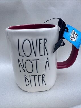 Rae Dunn White Mug with Red Interior and Handle - "LOVER NOT A BITER"